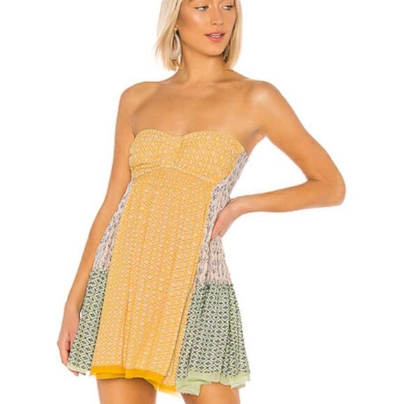 Free People Across The Sea Strapless Yellow Patchwork Tunic Mini Dress medium - Picture 1 of 9